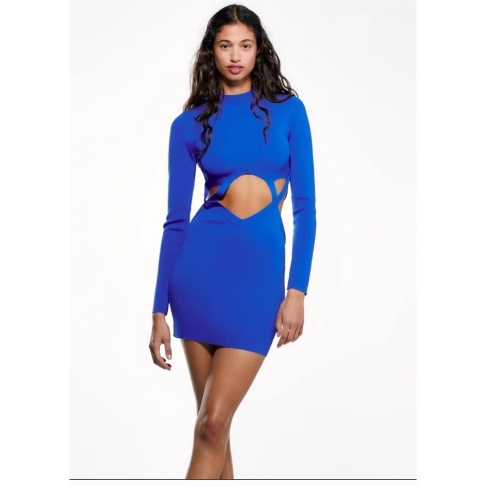 Zara Bodycon Dress Womens S Blue Ribbed Mock Neck Cutout Long Sleeve 6873/011